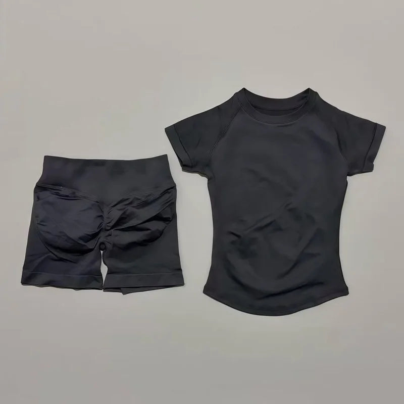 Conjunto deportivo de 2 piezas: top manga corta y calza sin costuras
