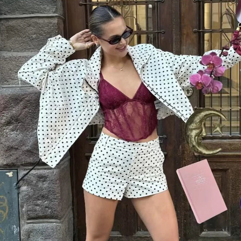 Campera Bombardera Oversize de Lunares para Mujer, Corte Crop con Cierre