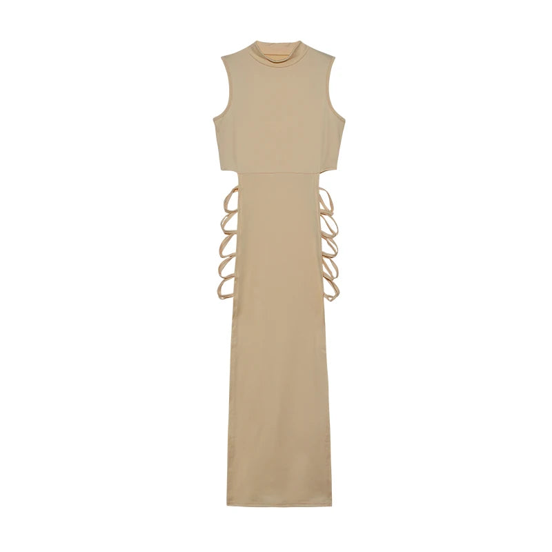 Vestido Bodycon Cruzado con Cut Out, Cuello Alto y Sin Mangas