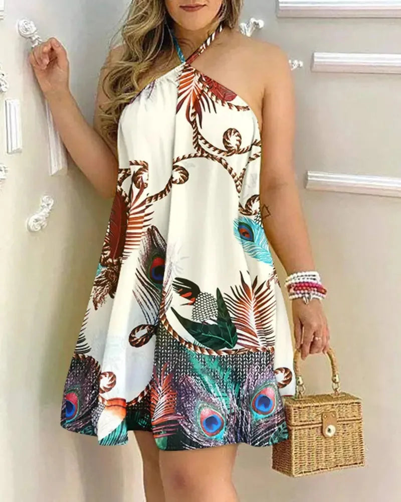 Vestido Mini Halter Estampado Tropical Espalda Descubierta Corte A Playero