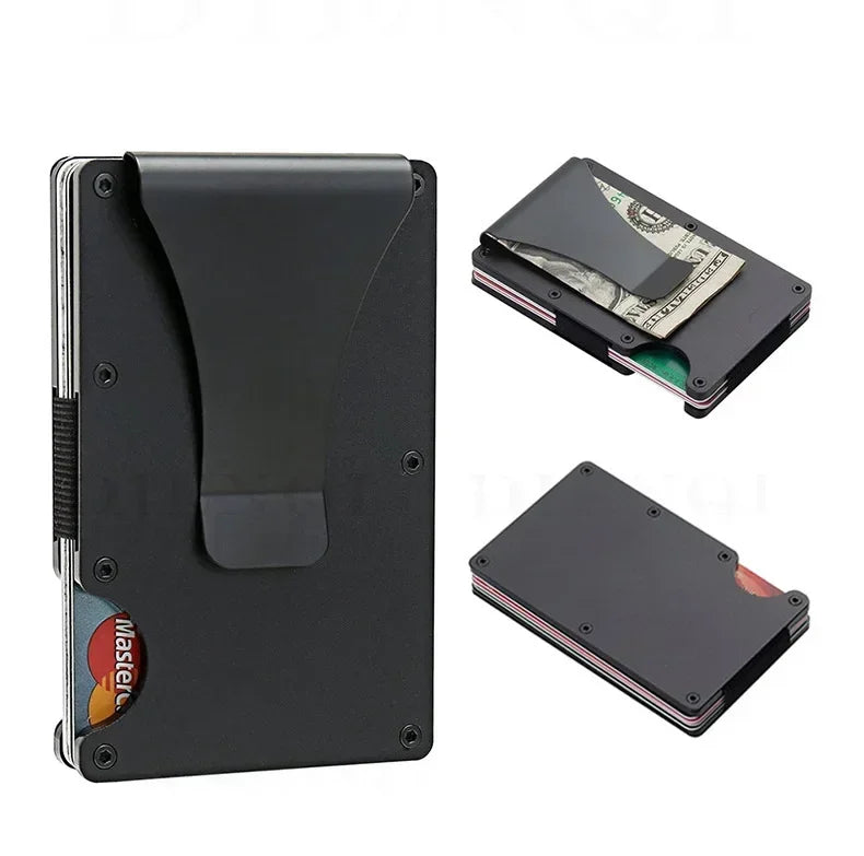 Tarjetero metálico compacto con clip para billetes y bloqueo RFID